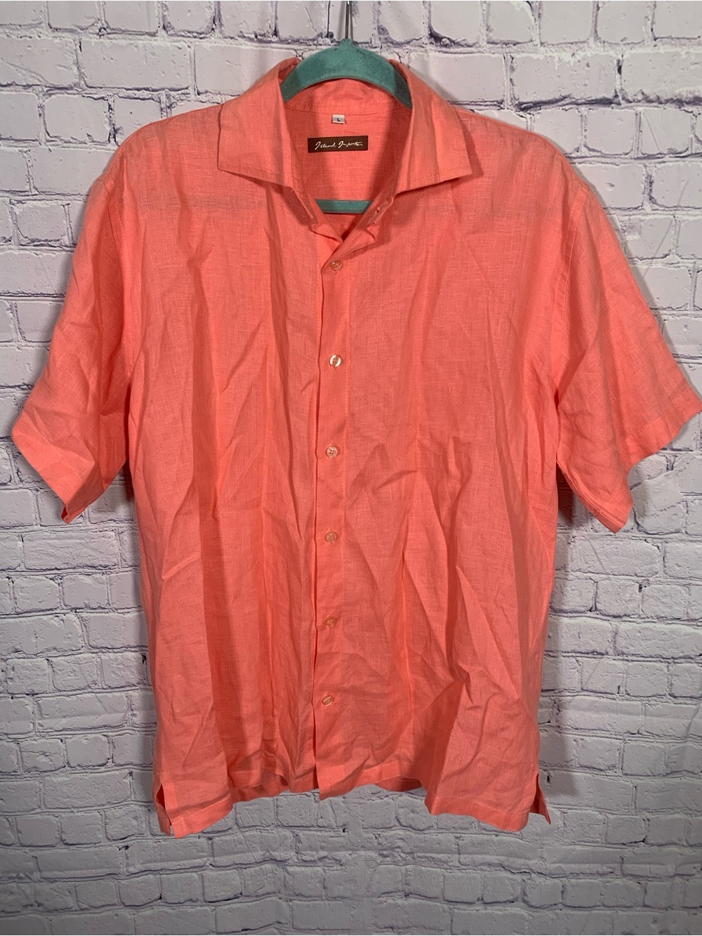 Island Imports Mens Short Sleeve Linen Button Down Coral Size L Minimalist